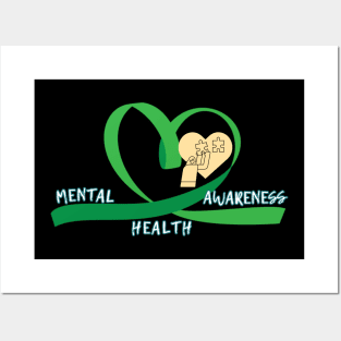 Mental Health Awareness Green Ribbon Heart Girl Puzzles Posters and Art